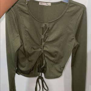 Green long sleeve sexy tie string top